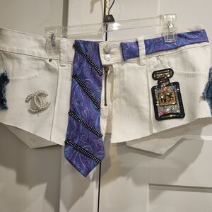 Lane Bryant White Denim Custom Made One Of A Kind Belt/ Purple Paisley Tie